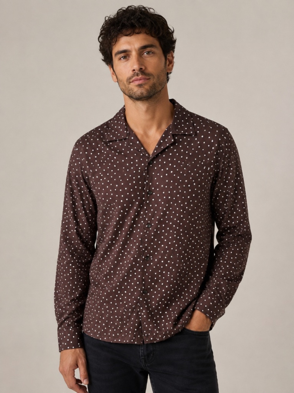 John Varvatos Charlie Camp Collar Shirt Brown Polka Dot Cotton Men's M
